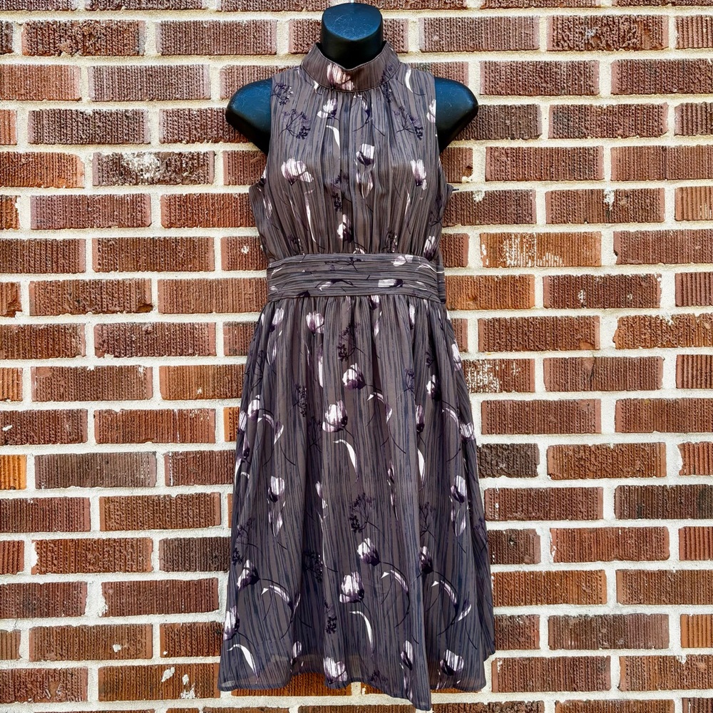 Azalea Women’s Sz S mock neck sleeveless pleated midi dress brown Black floral